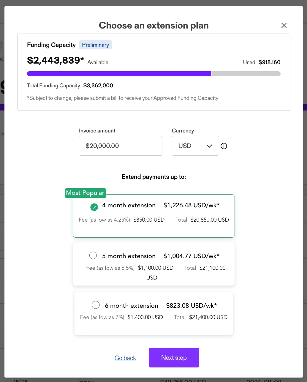 Clearco Invoice Funding risk rating product interface